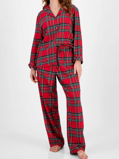 Plaid Two-Piece Lounge Set with Collared Button-Up Top and Matching Pants Deep Red