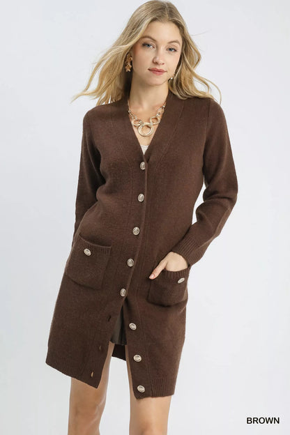 Brown Button-Down Long Sleeve V Neck Longline Cardigan with Pockets | Trendy Longline Cardigans Outfit Idea for Women by Ro + Ivy | Elevated Basics, Modern Comfort & Style