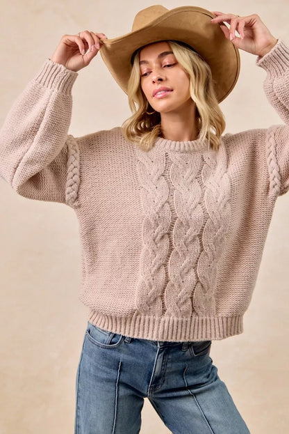 Cable Knit Crewneck Sweater with Braided Detail | Trendy Sweaters Outfit Idea for Women by Ro + Ivy | Elevated Basics, Modern Comfort & Style