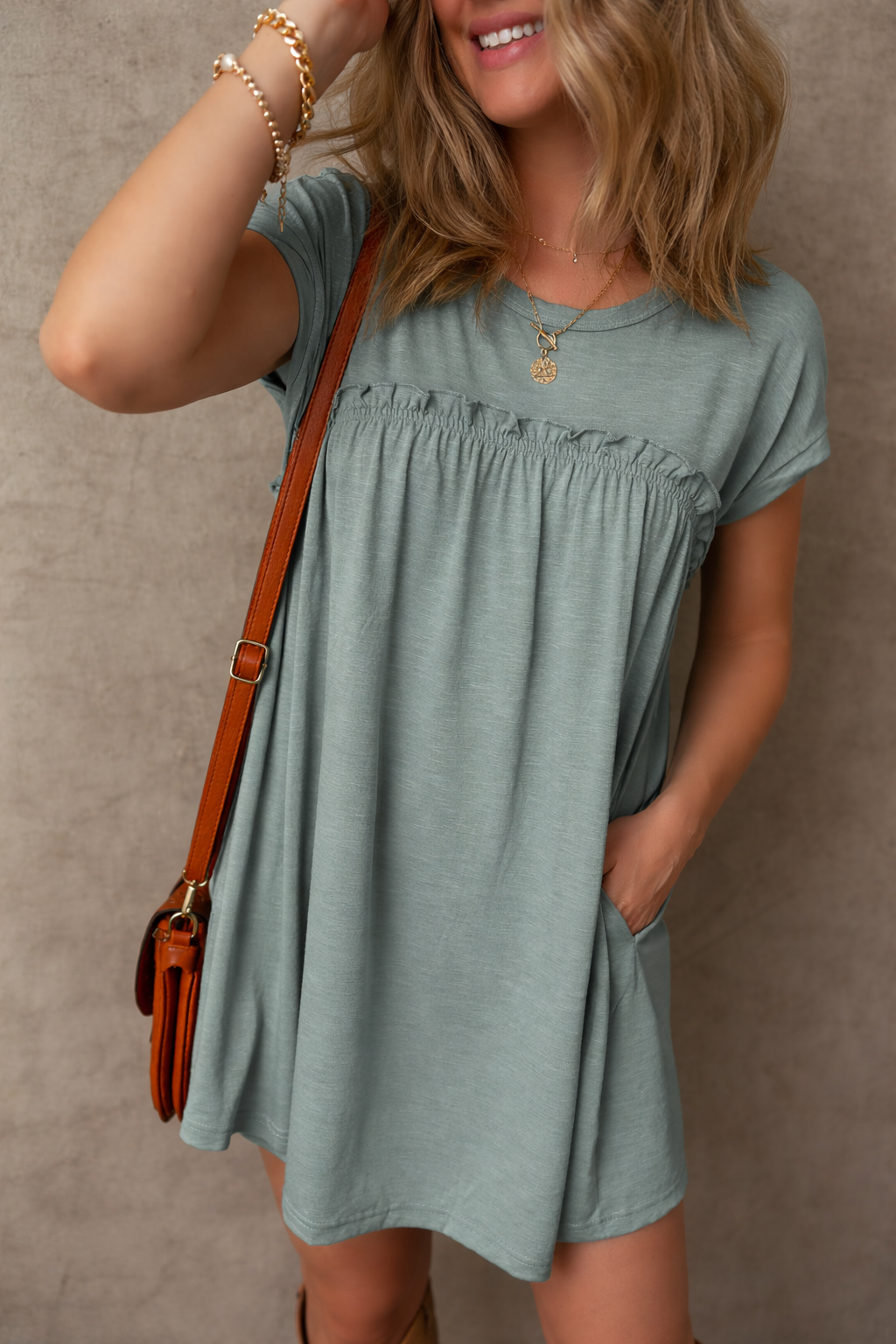 Gathered Seam Solid Casual T-Shirt Dress — Feminine Flowy Everyday Style - T Shirt Dresses