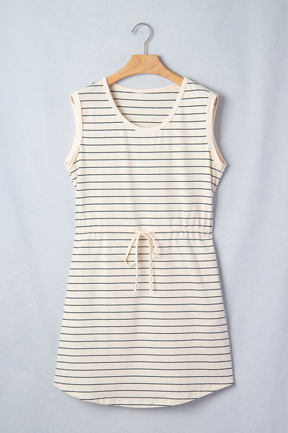 Striped Drawstring Tunic Mini Dress Tank — Versatile Flattering Everyday Style - Mini Dresses