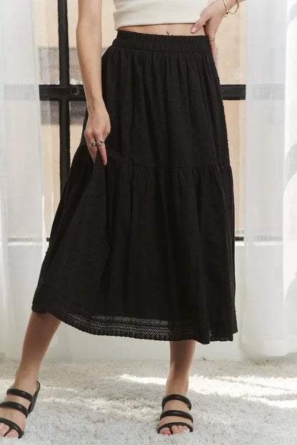 Elastic Waistband Tiered Midi Skirt – outfit idea for women | Ro + Ivy