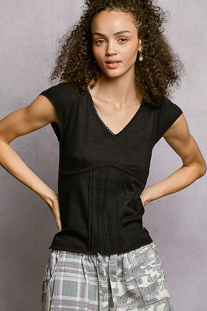 Lightweight Cotton Textured Short Sleeve V Neck Top With Lace Trim