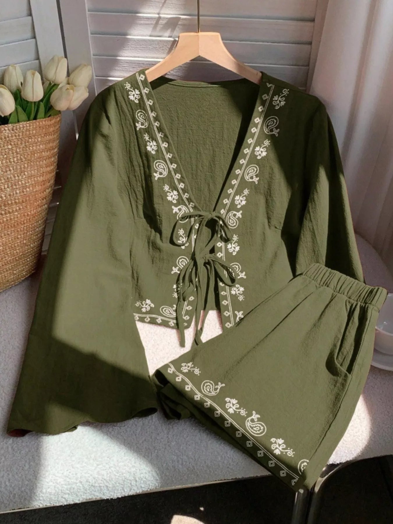 Women's Embroidered Tie Front Top and Shorts Set - Army Green Matching Sets