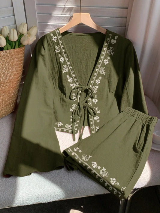 Women's Embroidered Tie Front Top and Shorts Set Army Green