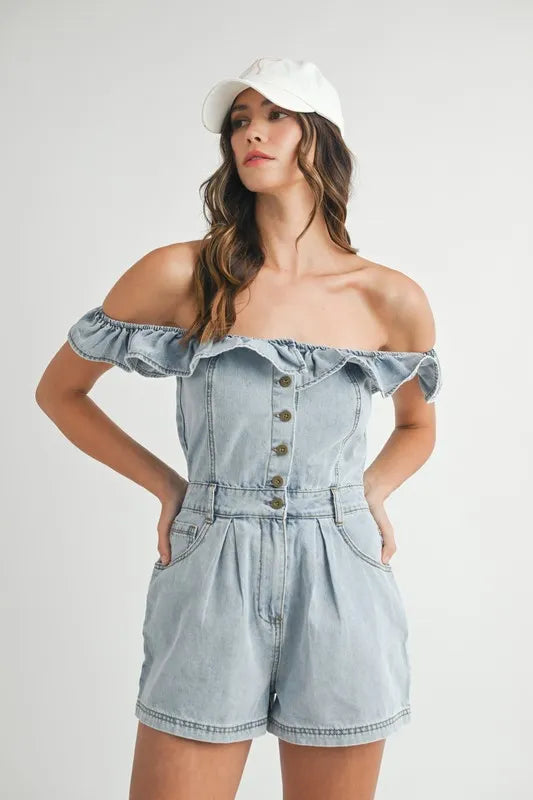 Off Shoulder Ruffle Detail Denim Romper - Lt Denim Rompers