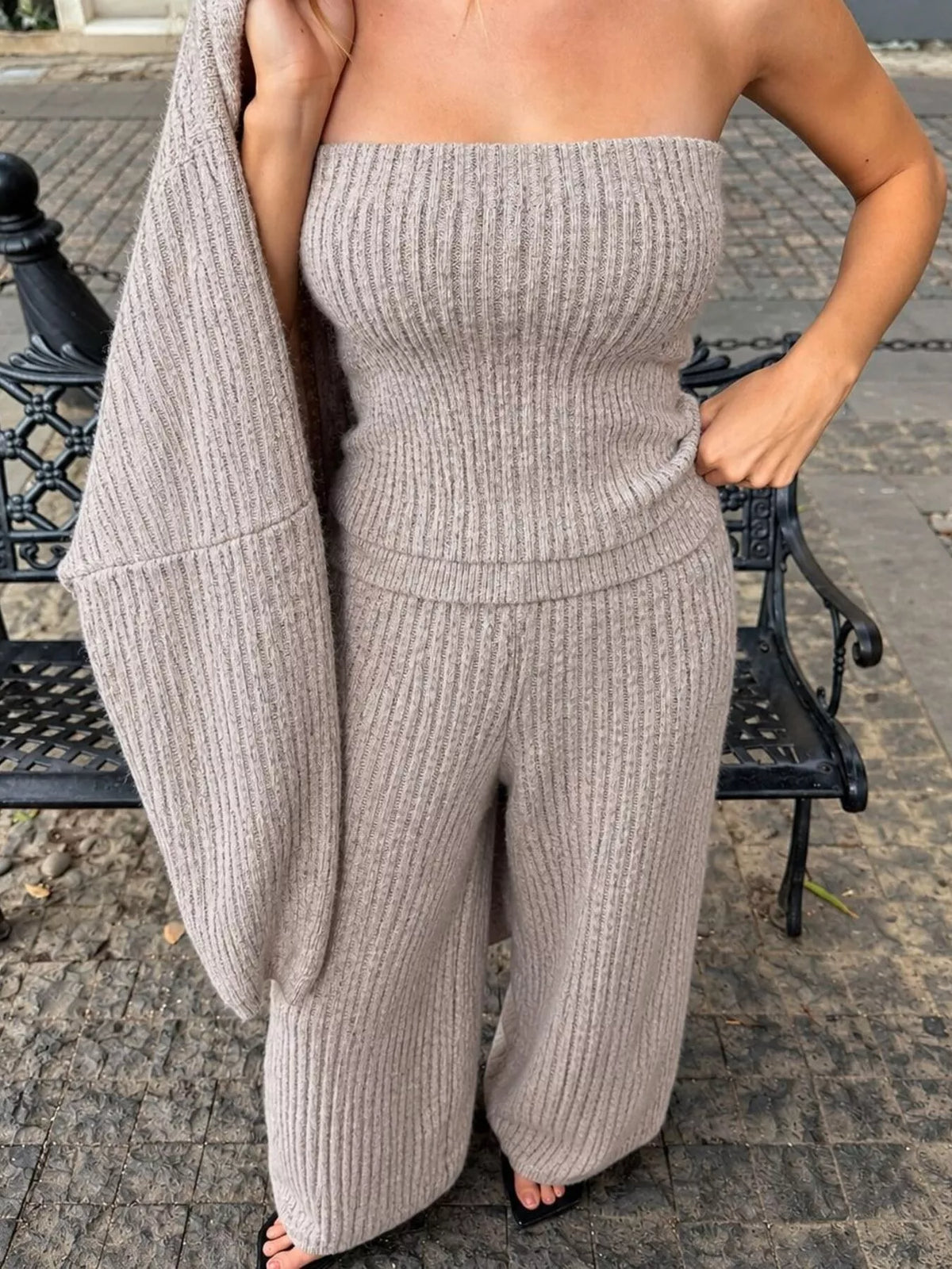 Ribbed Knit Three-Piece Sweater Loungewear Set