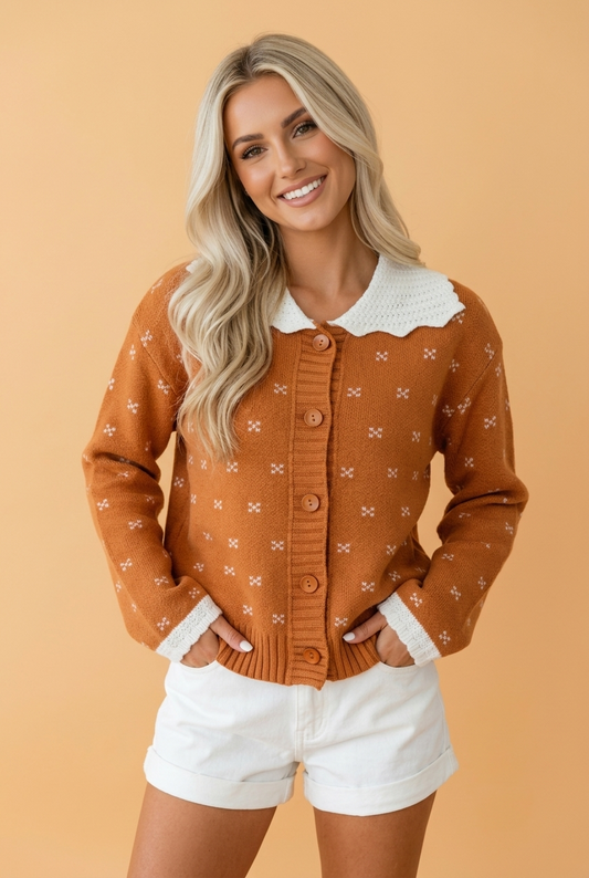 Colorblock Peter Pan Collar Long Sleeve Buttoned Cardigan Russet Orange
