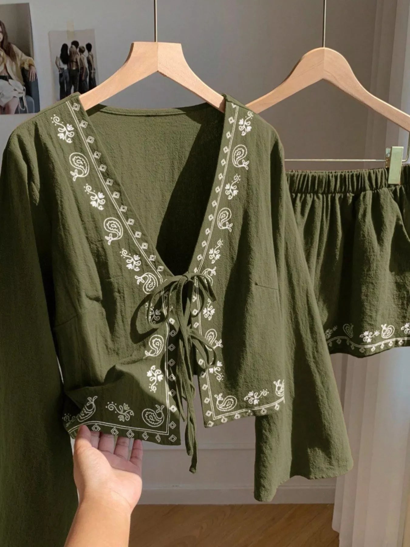 Women's Embroidered Tie Front Top and Shorts Set - Matching Sets