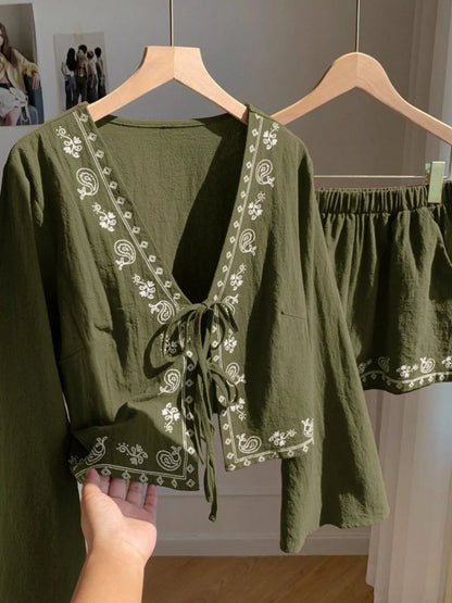Women's Embroidered Tie Front Top and Shorts Set - Matching Sets