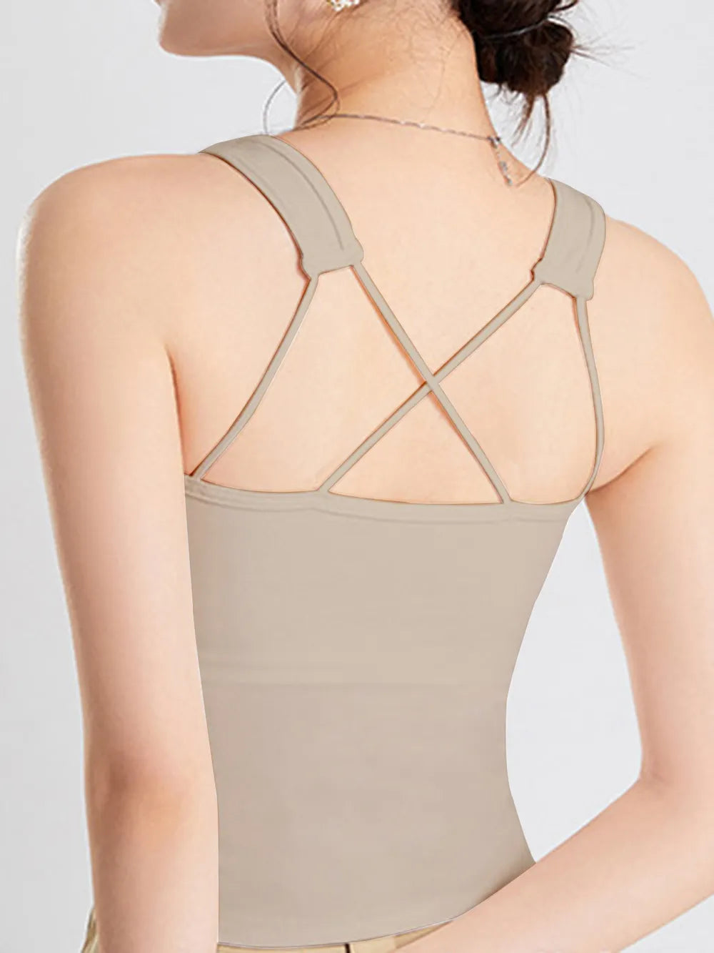 Women's Crisscross Scoop Neck Wide Strap Cropped Tank, Built-In Chest Pads - Crop Tops