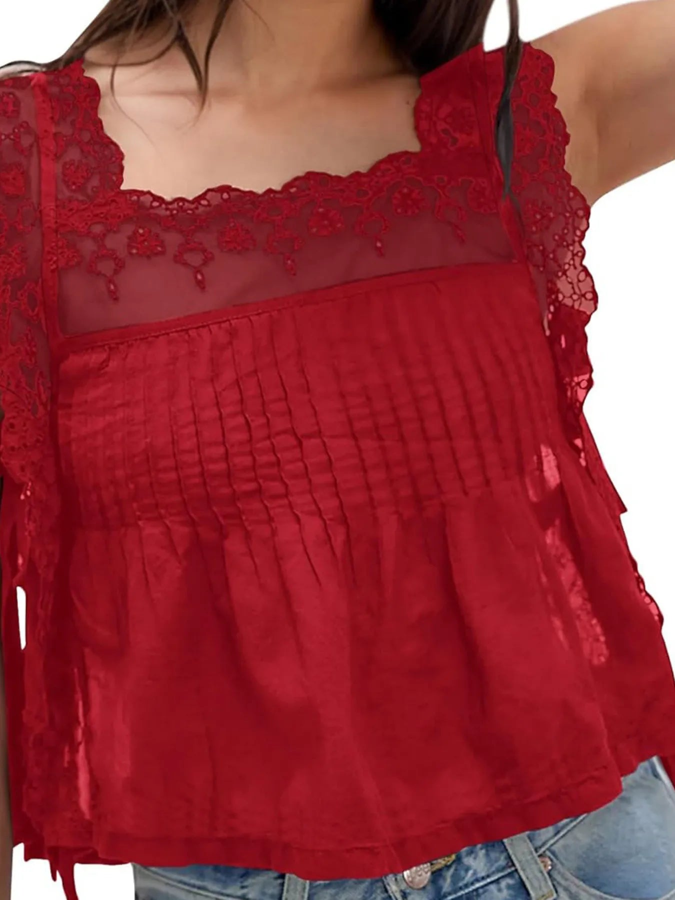Women's Lace Trim Eyelet Square Neck Top - Blouses