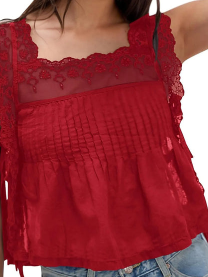 Women's Lace Trim Eyelet Square Neck Top - Blouses