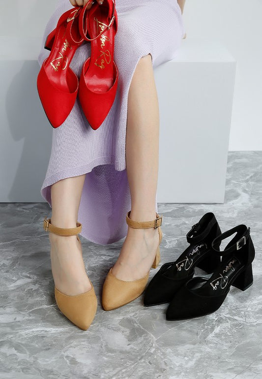 Microfiber Round Toe 2.5 Inch Block Heel Sandals - Sandals