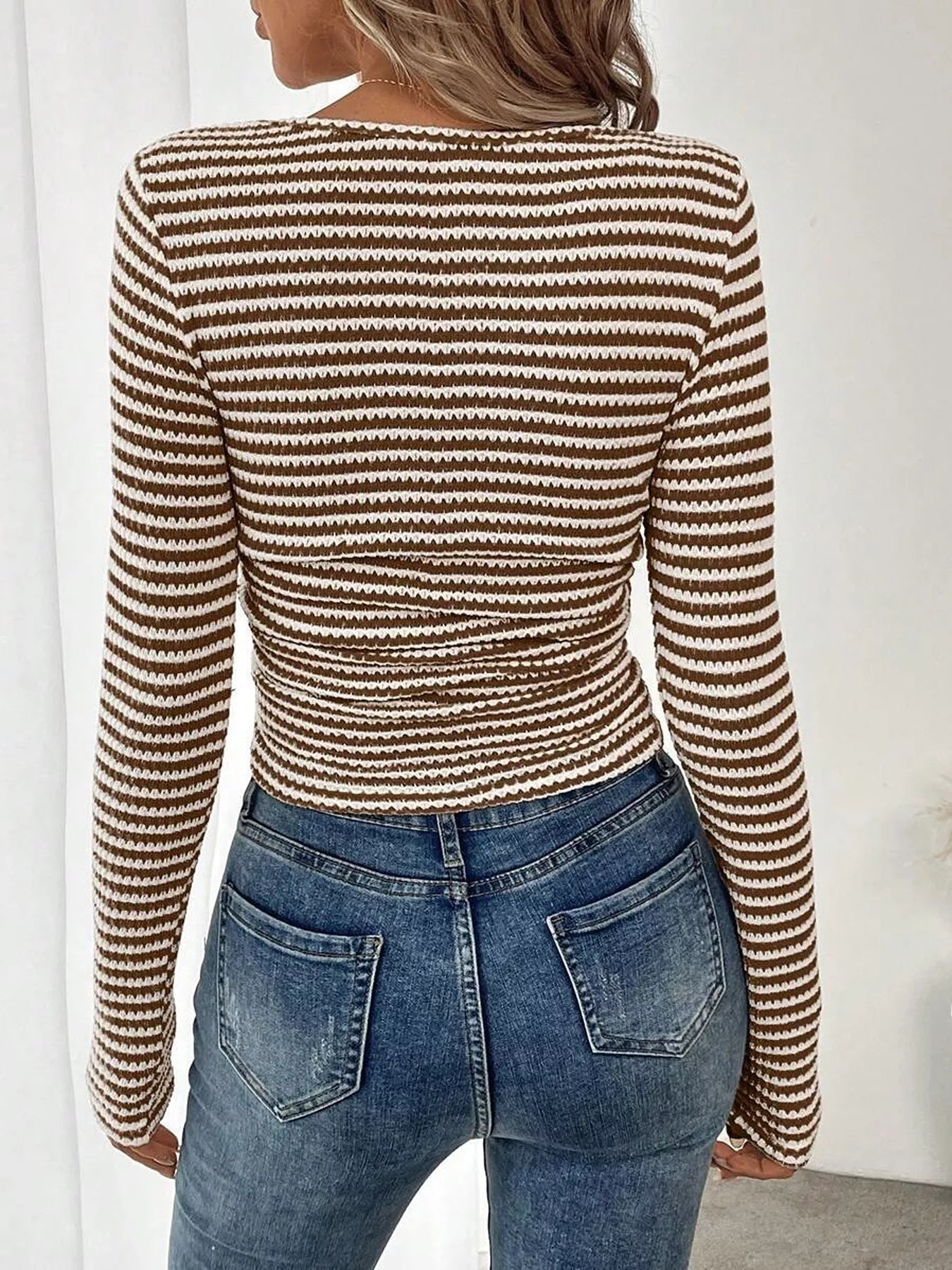 Women's Striped Square Neck Long Sleeve T-Shirt - T-Shirts