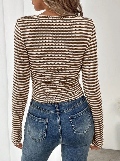 Women's Striped Square Neck Long Sleeve T-Shirt - T-Shirts