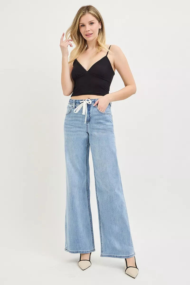 Elastic Waist Drawstring Slouchy Wide Leg Jeans — Relaxed Comfortable Casual Everyday Style - Jeans