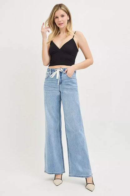 Elastic Waist Drawstring Slouchy Wide Leg Jeans — Relaxed Comfortable Casual Everyday Style - Jeans