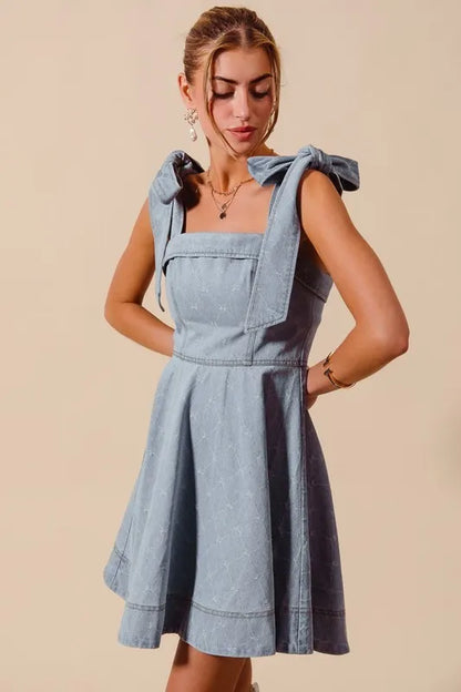 A Line Fit And Flare Diamond Bow Ribbon Denim Mini Dress – outfit idea for women | Ro + Ivy