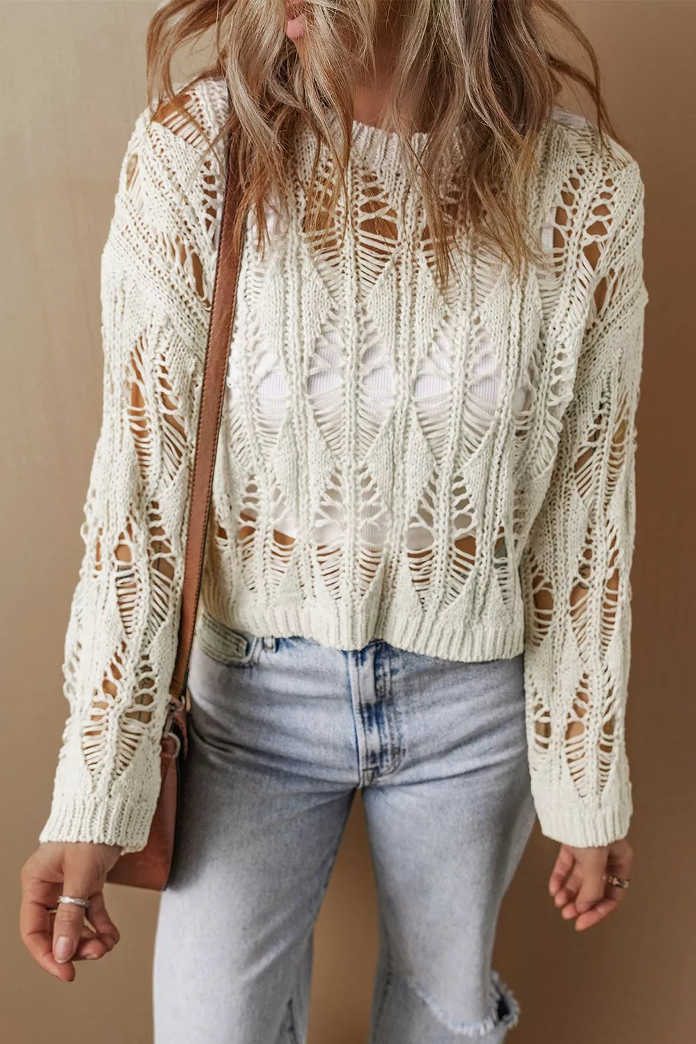 Women's Hollow Out Long Sleeve Knit Cover Up - Knit Tops