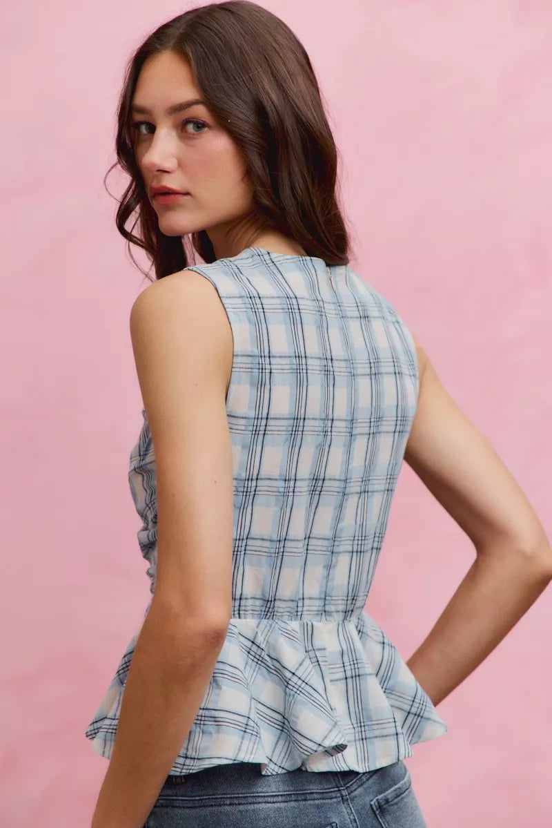 Women's Plaid Sleeveless Ruffle Peplum Top - Tops