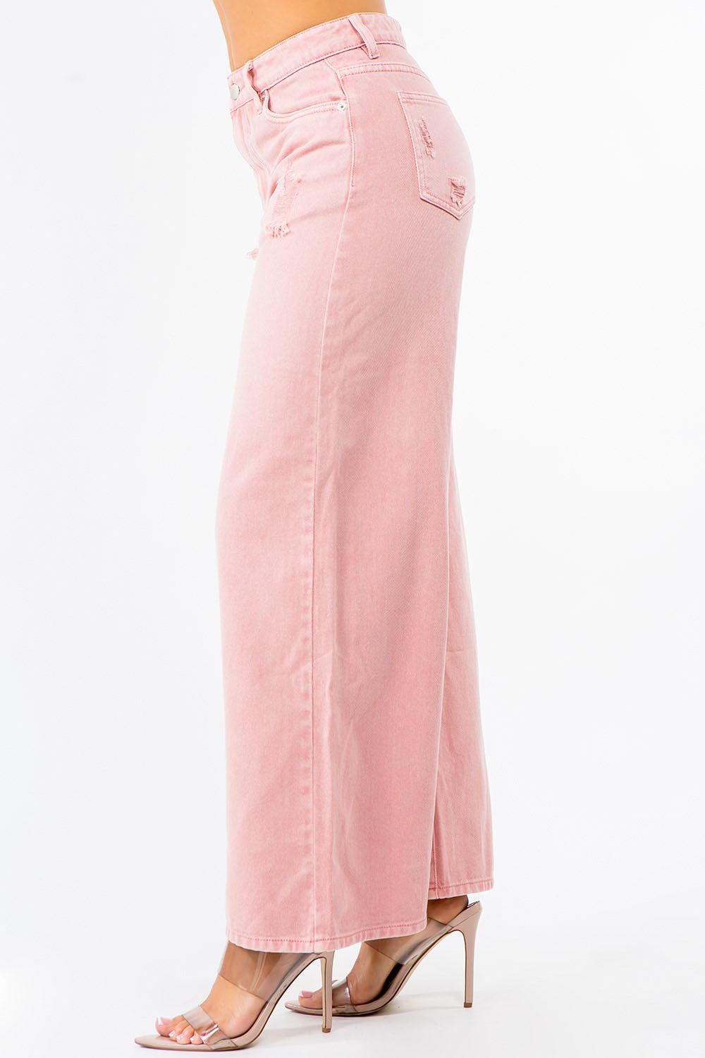 High Waist Distressed Wide Leg Jeans in Blush Pink – outfit idea for women | Ro + Ivy