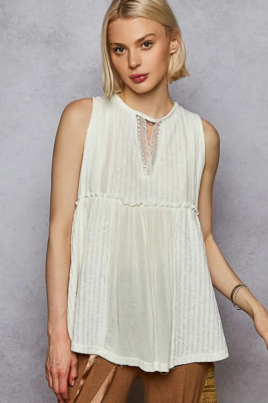 Lace Trim Round Neck Tank Top With Pintuck Detail – White outfit idea for women | Ro + Ivy