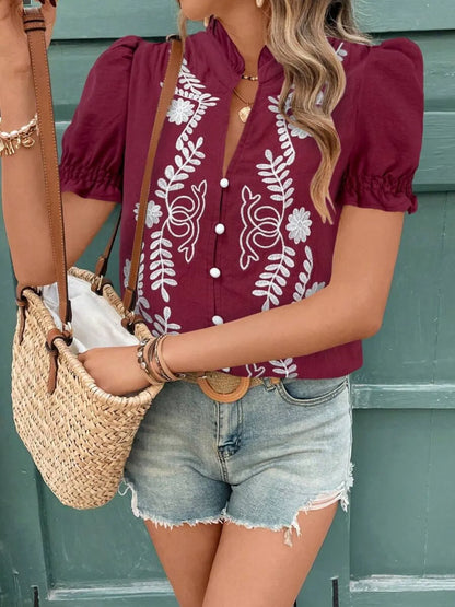 Embroidered Frill Notched Short Puff Sleeve Blouse - Blouses