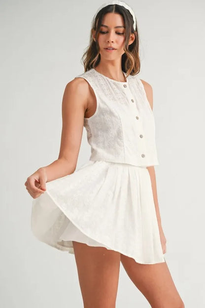Eyelet Lace Top And Mini Skirt Set – outfit idea for women | Ro + Ivy