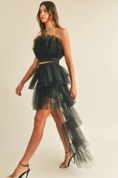 Tulle Tube Ruffle Crop Top And High Low Maxi Skirt Set – outfit idea for women | Ro + Ivy