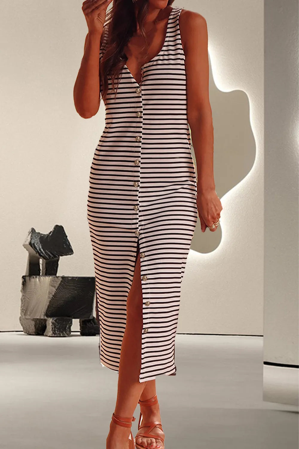 Button Up Wide Strap Midi Striped Dress - Stripe Midi Dresses