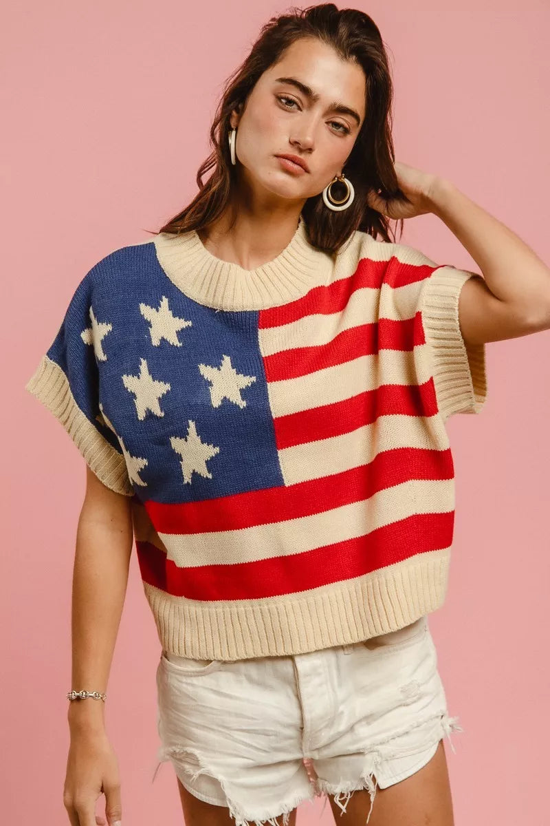 Star Patches American Flag Sleeveless Knit Sweater — Patriotic Festive Cozy Statement Style - Sweaters