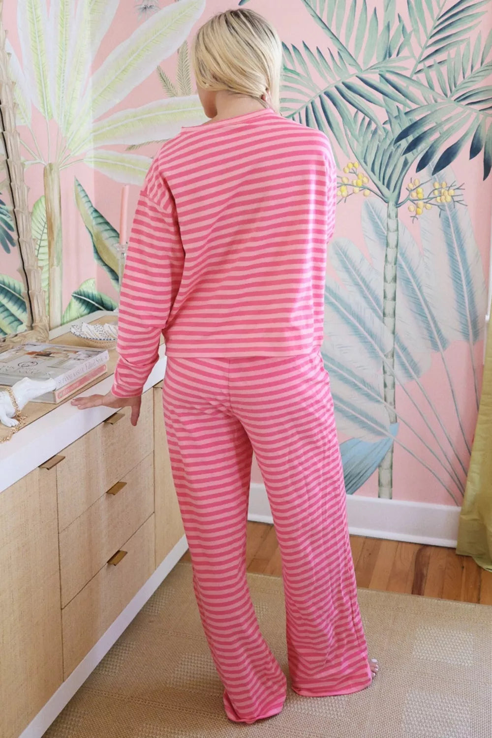 Women's Striped Drop Shoulder Round Neck Top and Buttoned Straight Pants Set - Matching Sets