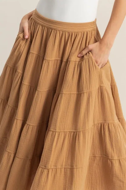 Double Gauze Tiered Midi Skirt With Pockets – outfit idea for women | Ro + Ivy