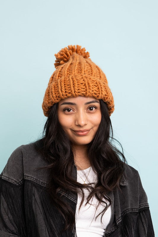 Chunky Cable Knit Pom Pom Beanie - Camel Default Beanies