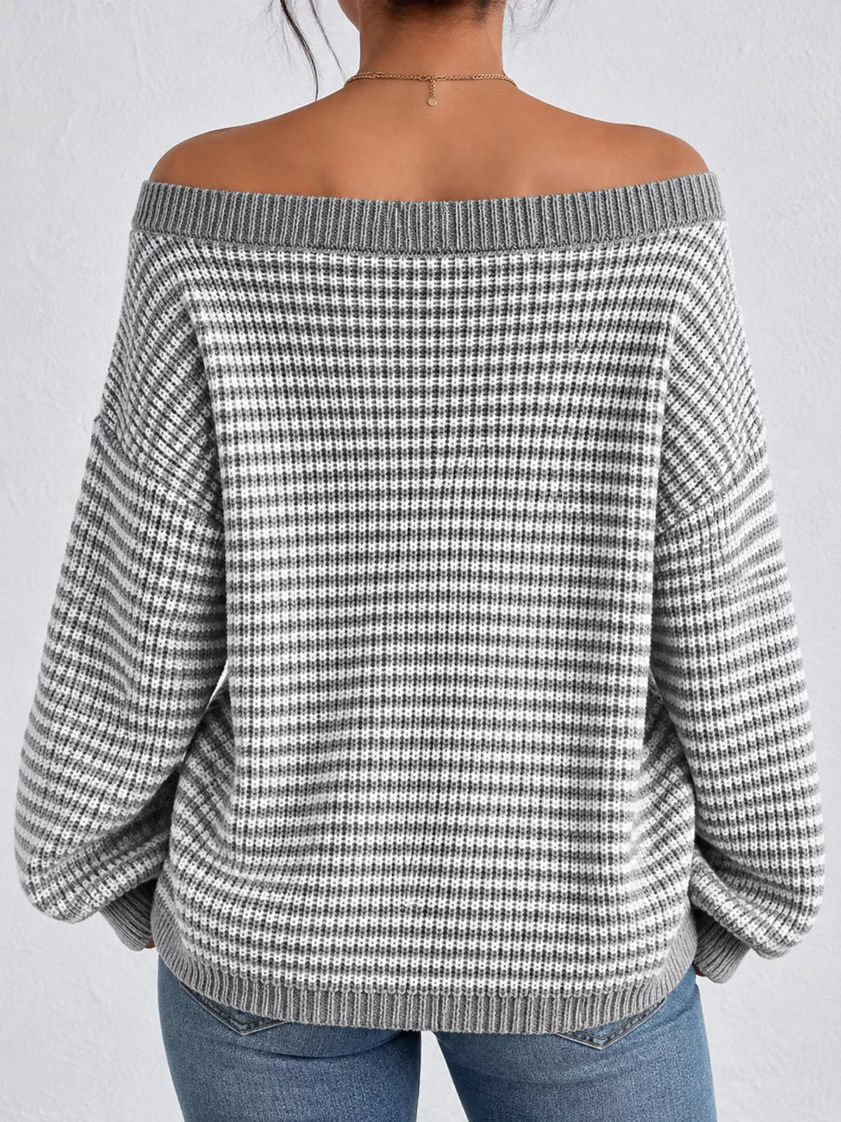 Oversized Striped Ribbed Knit Sweater with Boat Neck