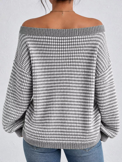 Oversized Striped Ribbed Knit Sweater with Boat Neck