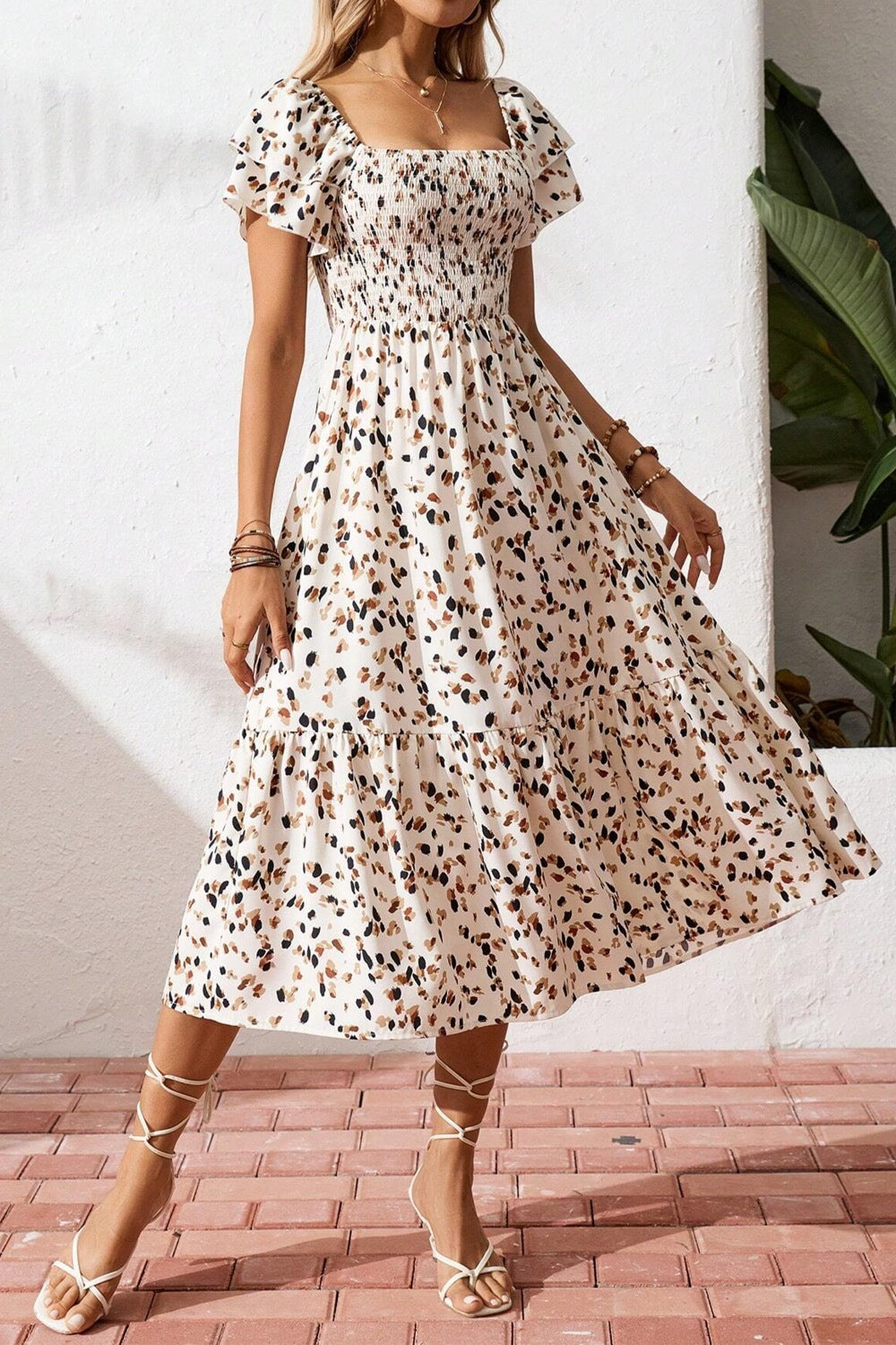 Square Neck Ruched Tiered Sleeve Midi Dress - Midi Dresses