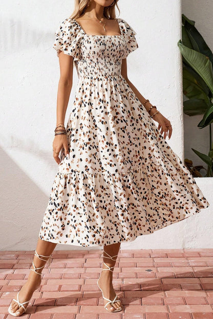 Square Neck Ruched Tiered Sleeve Midi Dress - Midi Dresses