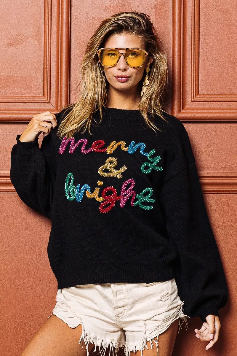 "Merry & Bright" Lettering Christmas Sweater | Trendy Sweaters Outfit Idea for Women by Ro + Ivy | Elevated Basics, Modern Comfort & Style