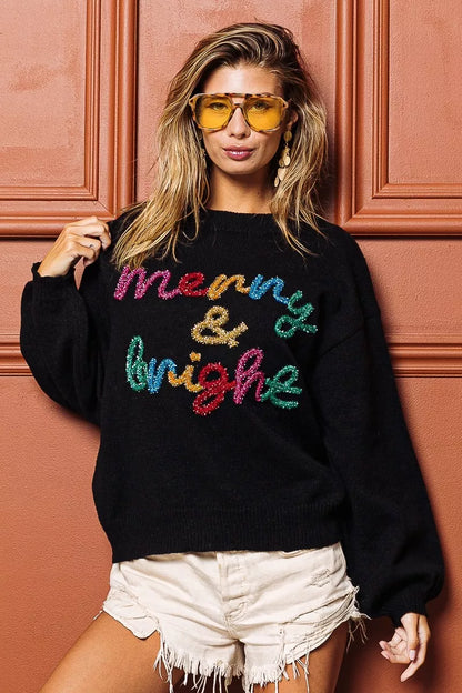 "Merry & Bright" Lettering Christmas Sweater | Trendy Sweaters Outfit Idea for Women by Ro + Ivy | Elevated Basics, Modern Comfort & Style
