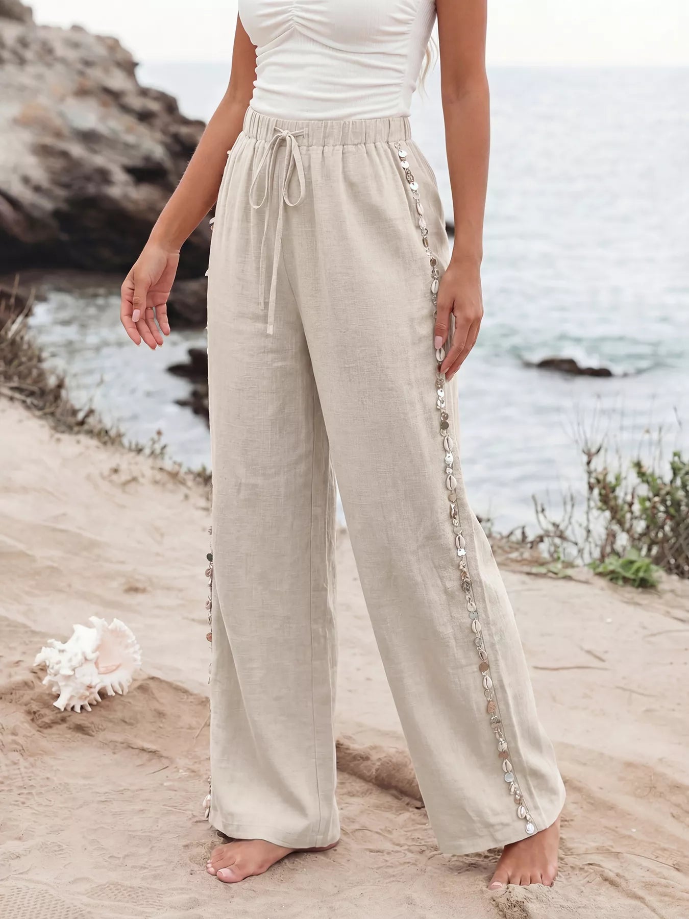 Women's Linen Blend Wide Leg Drawstring Pants - Pants