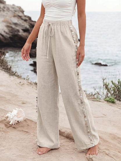 Women's Linen Blend Wide Leg Drawstring Pants - Pants