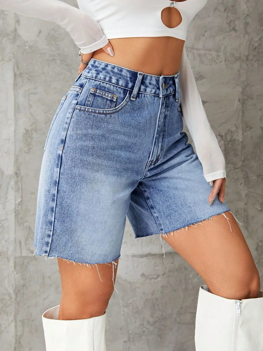 Frayed Hem Long Denim Shorts - Shorts