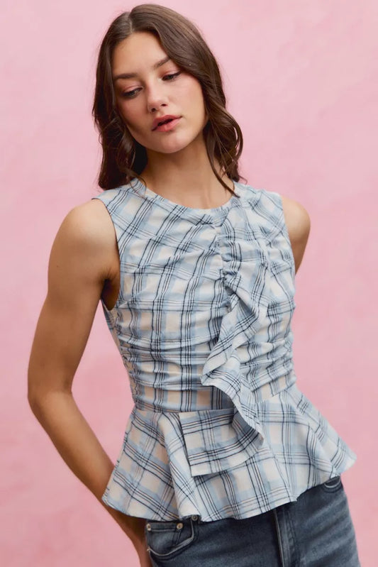 Women's Plaid Sleeveless Ruffle Peplum Top BLUE