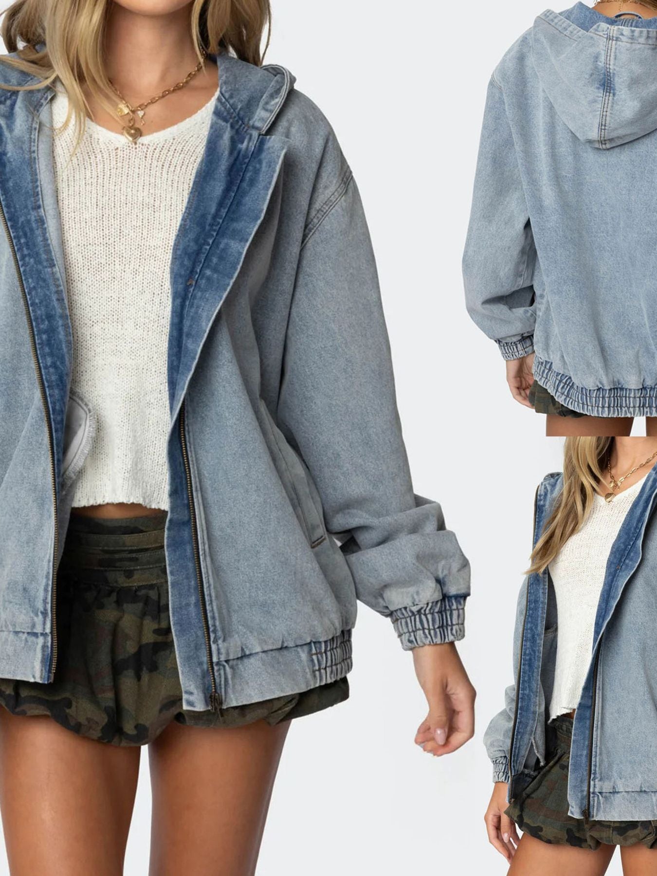 Hooded Oversized Zip Up Denim Jacket - Jackets