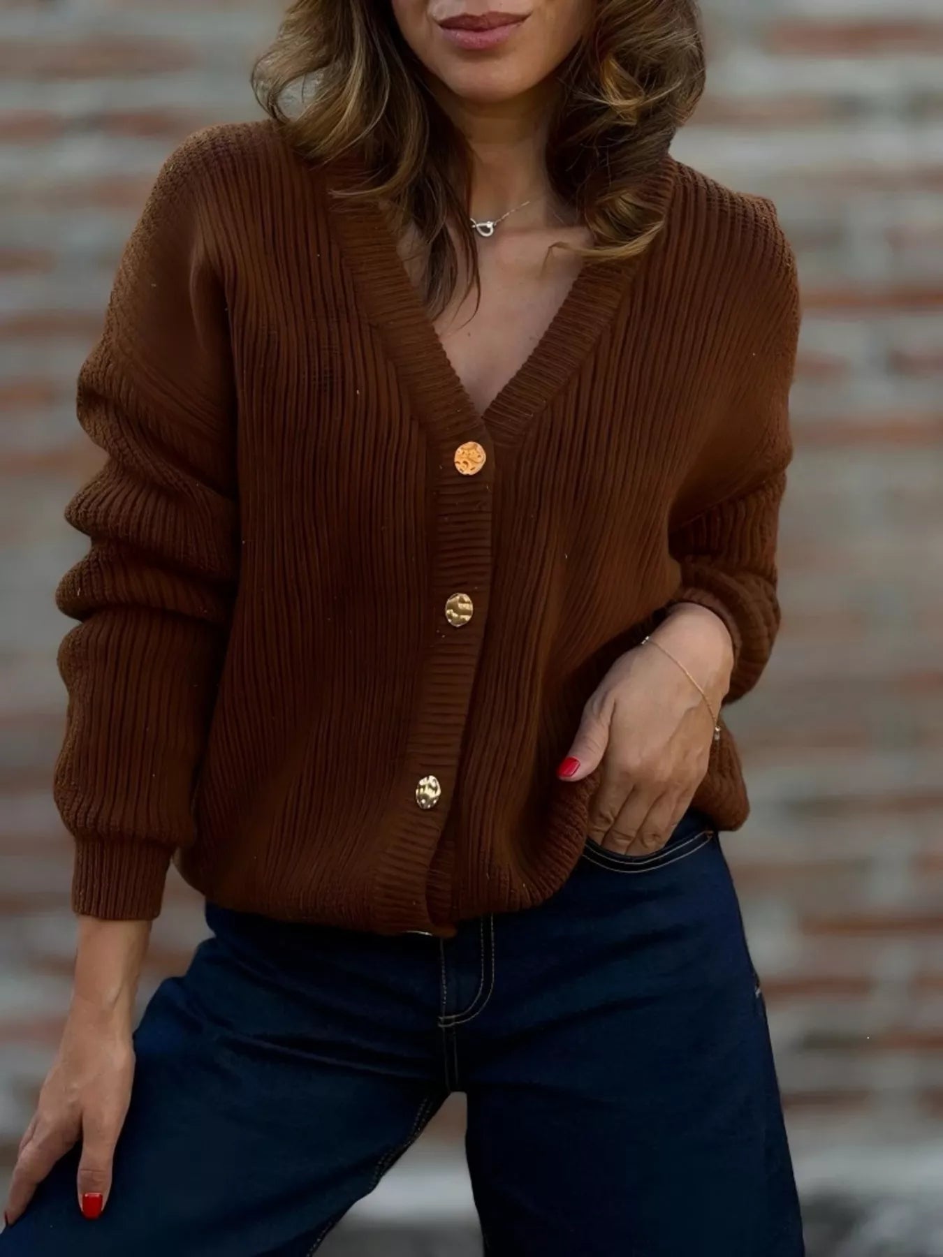 V-Neck Button-Up Knit Cardigan Dark Brown