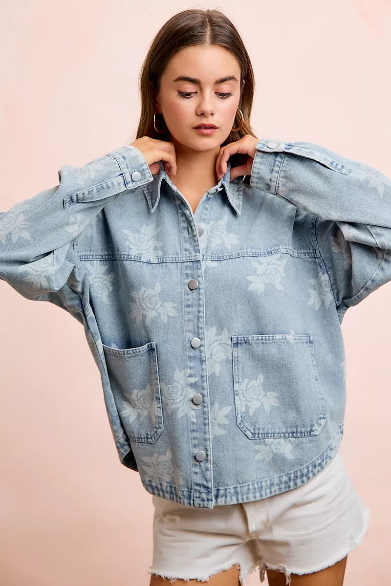 Women's Printed Washed Denim Jacket with Pocket - Jackets