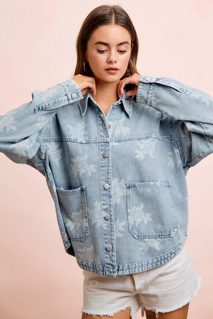 Women's Printed Washed Denim Jacket with Pocket - Jackets
