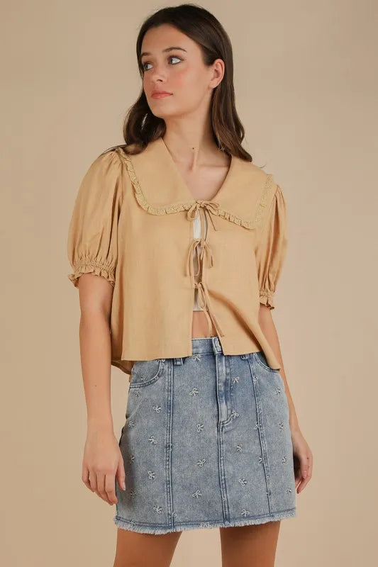 Bow Printed Casual Denim Mini Skirt in Indigo – outfit idea for women | Ro + Ivy